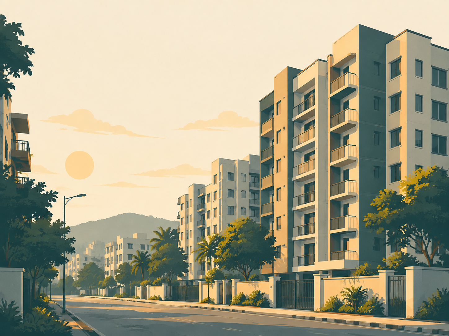 Illustration of apartment buildings in a local neighbourhood
